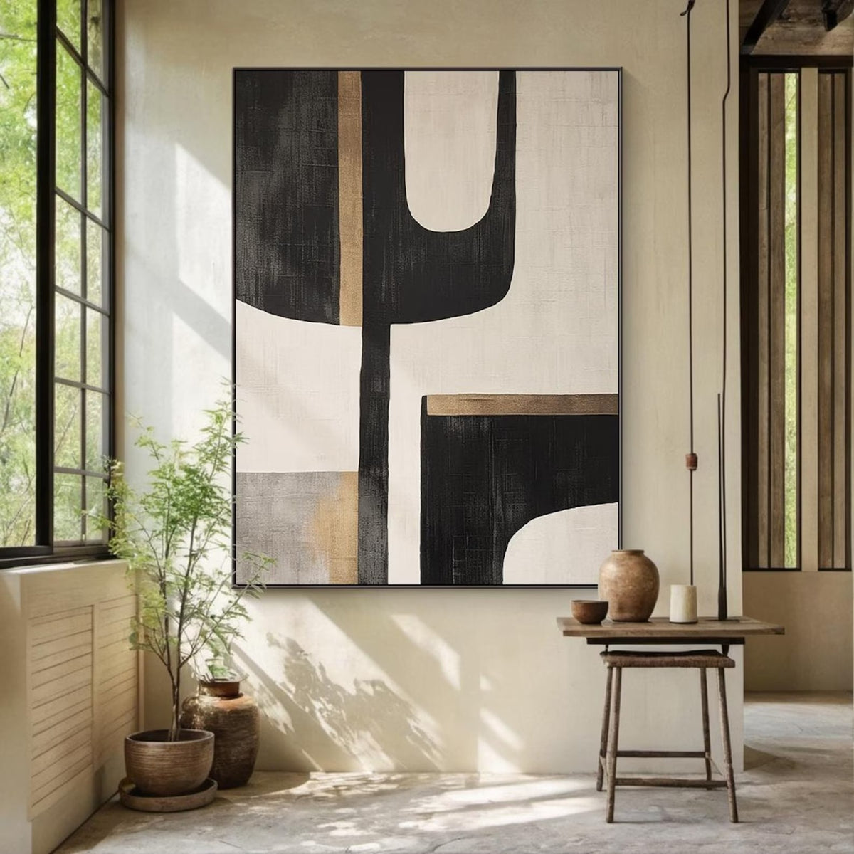 Large Black Beige Abstract Wabi Sabi Texture Canvas Painting Framed ...